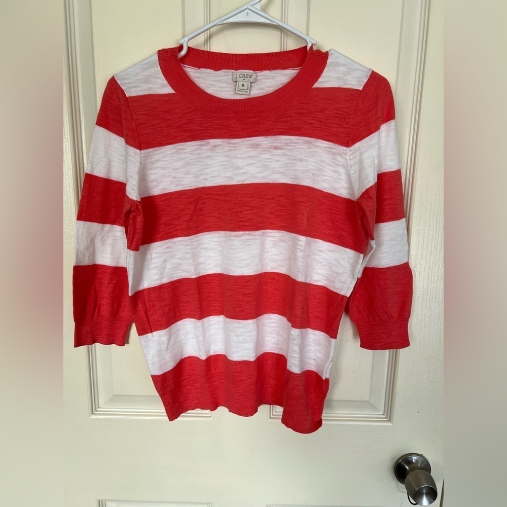 J. Crew Pink and White Knit Top 3/4 Sleeve 100% Cotton